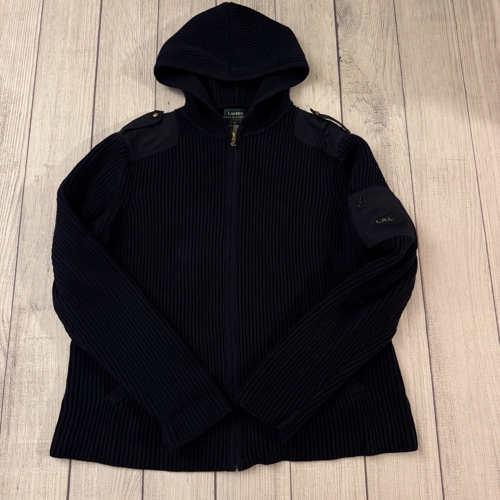 Lauren Ralph Lauren Women's L Hooded Ribbed Cotton Full Zip Military Sweater